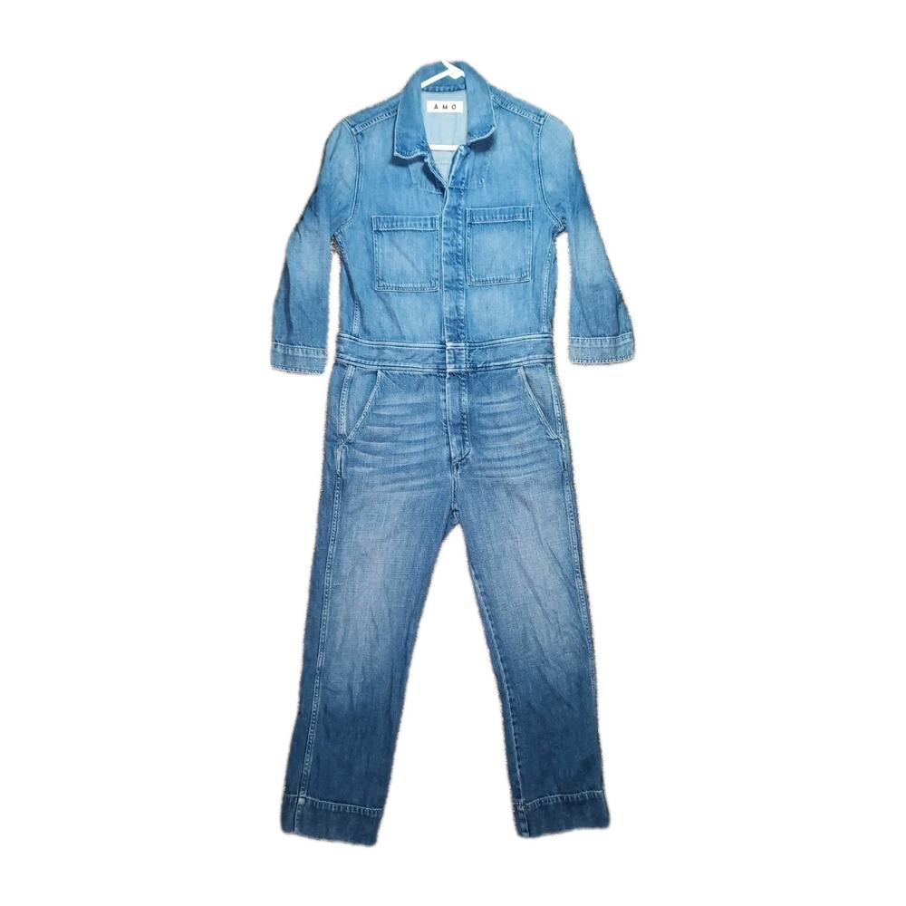 AMO Skip Denim Jumpsuit Women Small Button Up Stretch Faded Wash Anthropologie